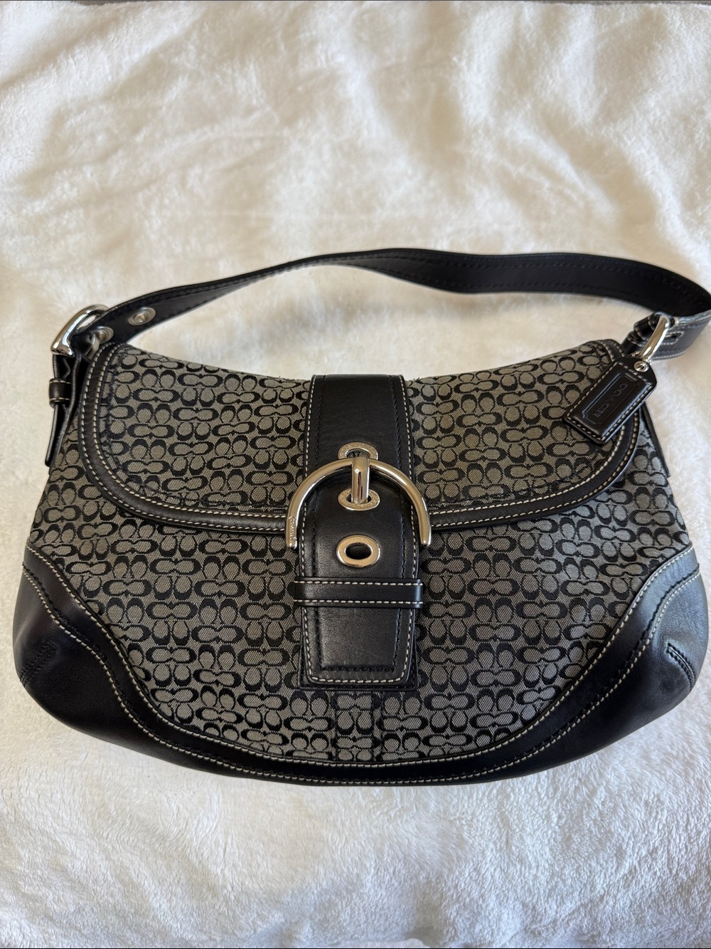 Coach SoHo Signature Flap Hobo Canvas Shoulder Bag in black and grey 2007
